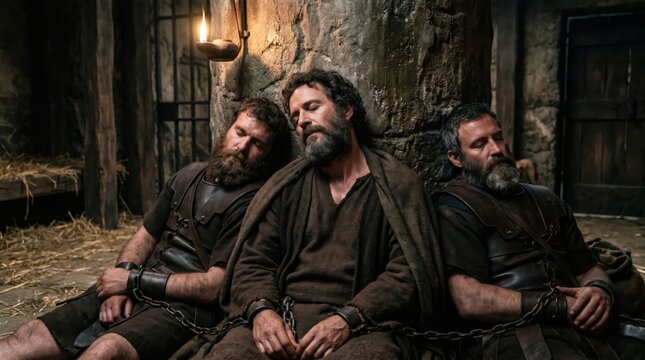 Apostle Peter sleeping in dungeon between two Roman soldiers. Biblical story of liberation from prison. Ancient stone cell with shackles and chains in dim candlelight, historical drama scene.