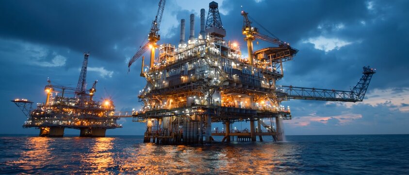 Offshore oil platforms are lit up at dusk, providing a majestic backdrop for articles on the oil and gas industry and energy security.