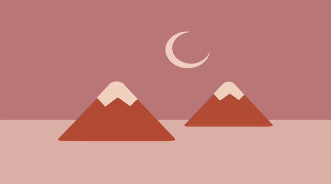 Minimalist graphic illustration featuring stylized peaks with snowy caps beneath a soft crescent moon against a muted dusty pink background. mina and safwa mountains 
