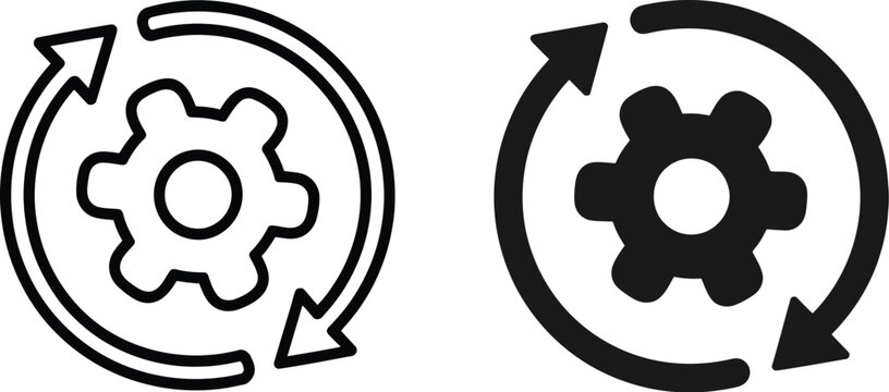Sync process icon set, circular arrow and gear wheel symbols, reload and refresh indicators, recycling recurrence and system renewal synchronization icons, settings and processing workflow vector