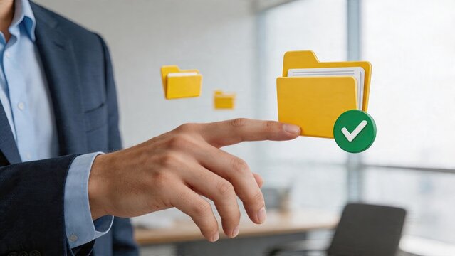 Businessman selecting digital document folders in modern office cloud storage concept data management information security technology user interface corporate workspace