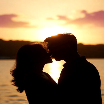 Silhouette Two Lovers - Silhouette of two lovers kissing at sunset