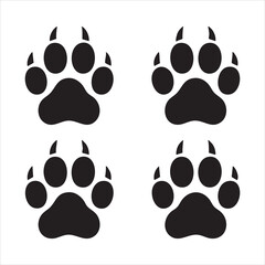 Fototapeta premium Four black animal paw prints with claws, simple paw track vector graphic design element set