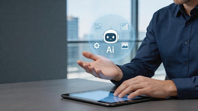 Businessman interacting with holographic artificial intelligence robot icon on tablet future technology concept for business automation