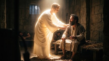 Obraz premium Angel appearing to apostle Peter in prison and waking him up from sleep. Biblical scene of liberation and rescue. Miracle, divine light, chains falling off, Christian faith concept.