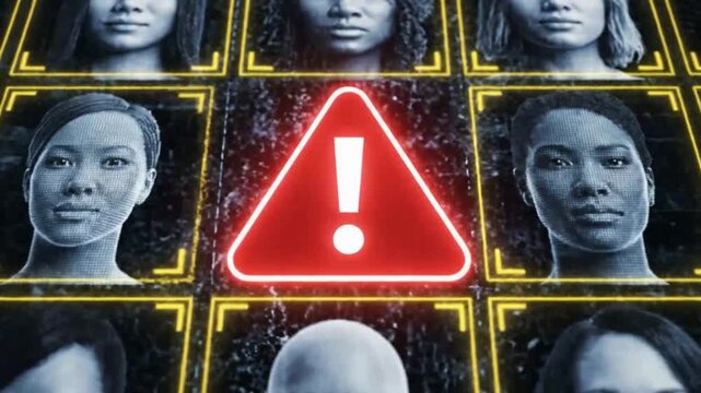 Digital face grid with warning icon symbolizing digital transformation and future innovation