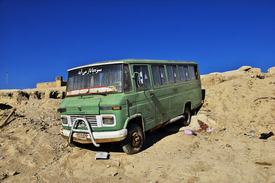 Nain, Iran - 02 Oct 2012: The bus in the abandoned city, Nain, Iran
