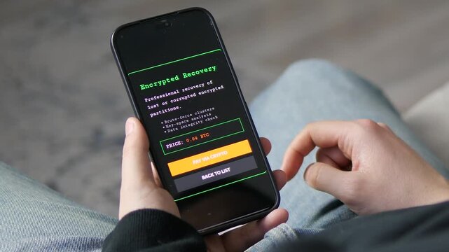 Cinematic shot of a hacker browsing a dark web app. Sequence shows buying Encrypted Recovery for BTC and gaining access. High-impact visual for cybersecurity threats, data breaches, and digital crime
