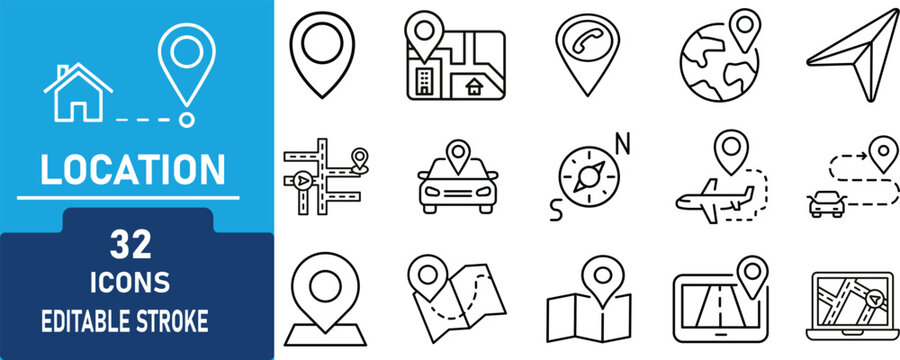 Location Line Icon Set. Contains icons related to map pin, GPS navigation, location tracking, route planning, destination, geolocation, travel map, compass, and navigation system. Editable stroke. Vec