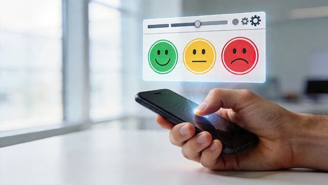 Business man using smartphone for online customer feedback satisfaction survey with smiley faces rating system holographic interface modern office workspace technology
