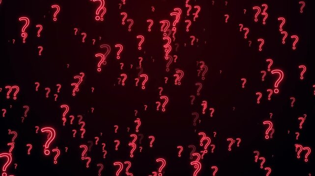 Red neon question marks animation, question mark problem sign with particles flying in background, 4k motion graphics