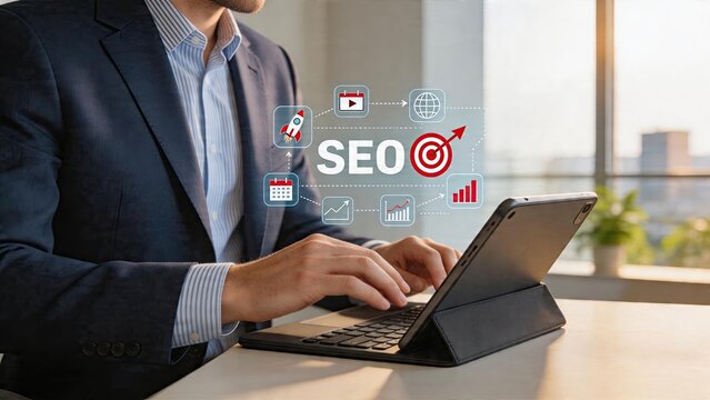 Businessman typing on tablet with digital holographic SEO growth chart rocket launch icon target marketing strategy analytics dashboard modern office interior with city skyline
