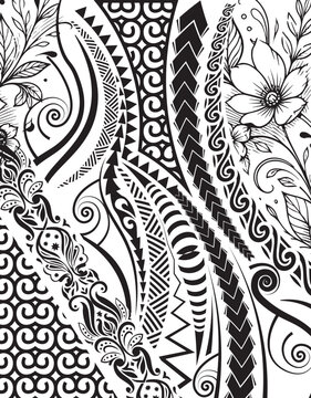Polynesian Tribal Tattoo Pattern with Floral Elements for Jersey Texture, Hawaiian Jersey Vector. Maori Style Tattoo Pattern and Hibiscus Flower Vector Illustration