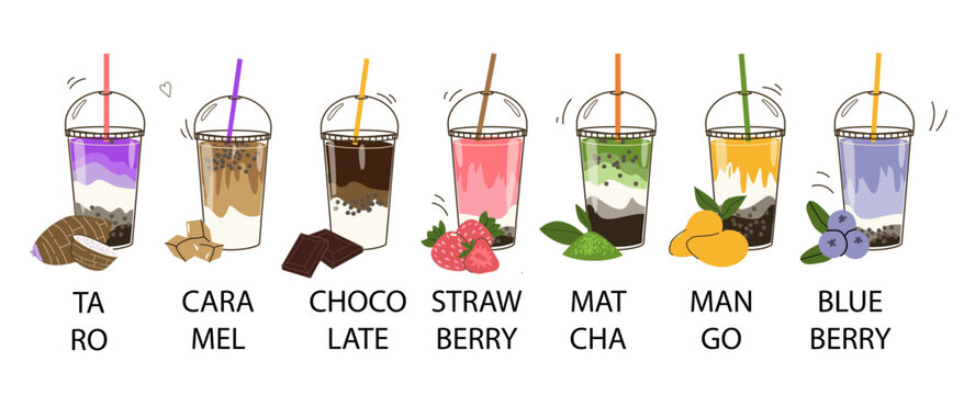 Boba tea food menu background with various taste. Vector flat cartoon illustration isolated on white. Taro, caramel, chocolate bubble tea drinks set.