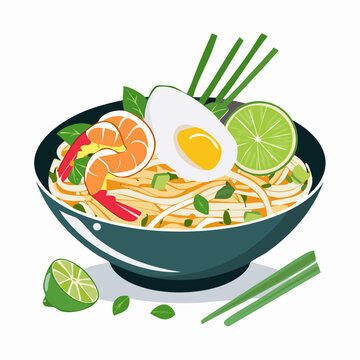 Aromatische Pad-Thai-Bowl mit Garnelen und Erdn&uuml;ssen, stilvoll serviert