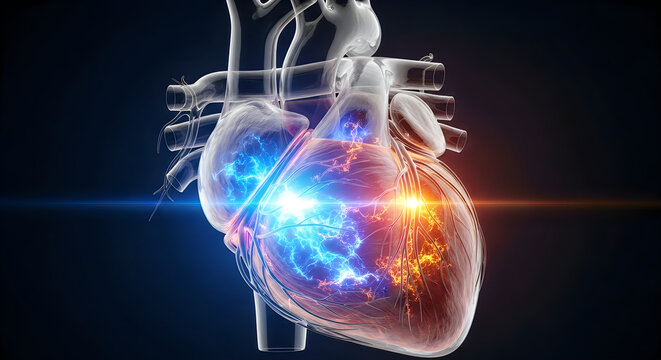 Anatomical illustration of the human heart with pacemaker leads attached