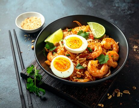 Aromatische Pad-Thai-Bowl mit Garnelen und Erdn&uuml;ssen, stilvoll serviert