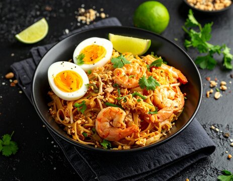 Aromatische Pad-Thai-Bowl mit Garnelen und Erdn&uuml;ssen, stilvoll serviert