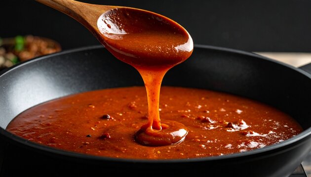 A spoon pours rich red sauce into a black skillet on a table indoors.
