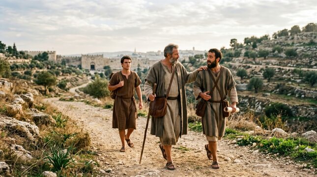 Barnabas, Paul and John Mark walking on a dusty road near Jerusalem. Biblical apostles traveling together on a mission. Historical religious scene depicting characters from Acts.