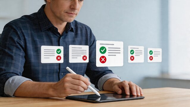Businessman using digital tablet and stylus pen evaluating online forms checking boxes with green tick and red cross symbols modern office workspace concept
