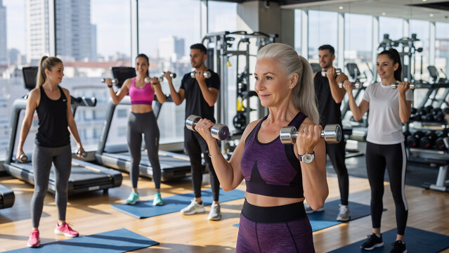 Senior woman exercising with dumbbells in gym class with other adults. Group fitness activity for health and wellness. Active lifestyle concept.