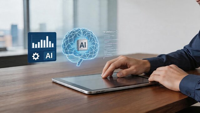 Businessman using tablet digital artificial intelligence hologram brain with data analytics chart computer code programming interface on screen modern office environment