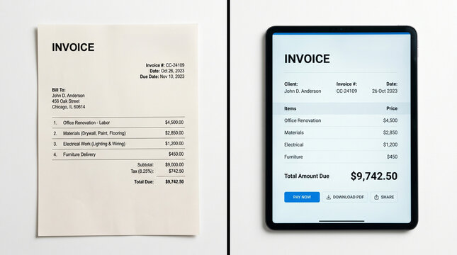 Paper and digital invoices lying on white split screen background