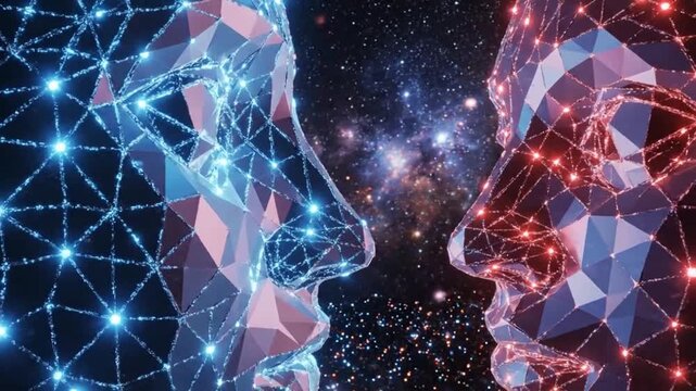 Two digital human heads facing each other highlighting artificial intelligence and digital evolution