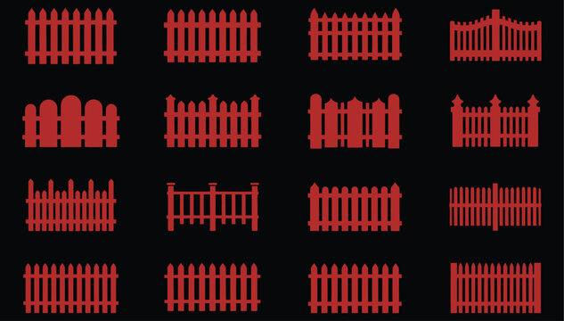 Red fence sections on black background, repeating fencing segments design, painted timber barrier elements, landscape architecture decoration assets, modular fence pattern vector illustration 