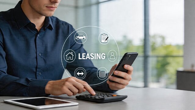Businessman using smartphone tablet and calculator for financial analysis digital leasing concept with holographic interface displaying icons for car rental property lease and