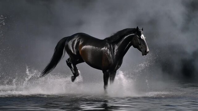 Powerful Black Horse Galloping Through Water Creating Splashes in a Misty Dark Environment