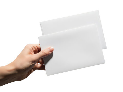 A hand holding two white envelopes isolated on transparent background