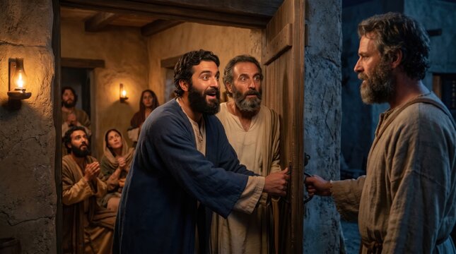 Saint Peter standing at the door of house with group of amazed men and woman. Biblical scene of apostle return from prison. Religious gathering, faith and hope in ancient Jerusalem.