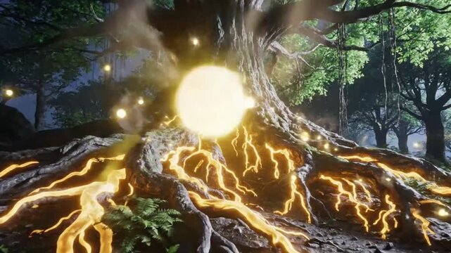 Mystical glowing tree roots in forest ideal for travel vlogs and eco-friendly campaigns