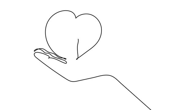 Continuous line art motion of a hand holding a candle framed by a heart. Symbol video of care, protection, compassion, love, and emotional support. Ideal for charity designs, healing concepts