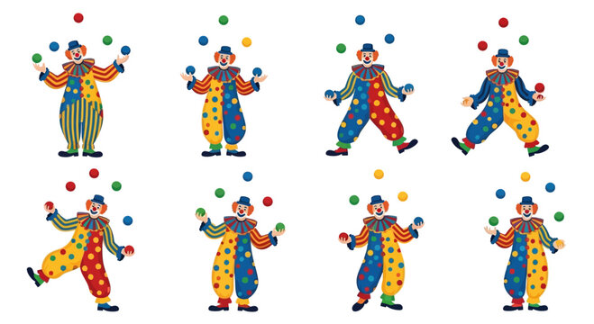 Eight Clowns Juggling Balls in Various Poses, Colorful Circus Performance