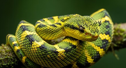Fototapeta premium A vibrant green and yellow snake coiled around a branch in the forest.