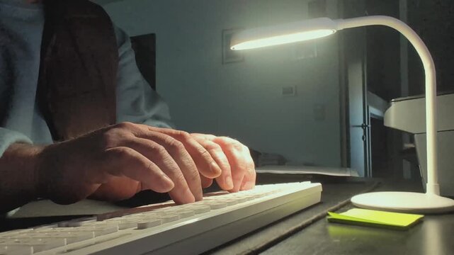 Male hands type on keyboard in a quiet room with focused lighting and steady movement during evening hours