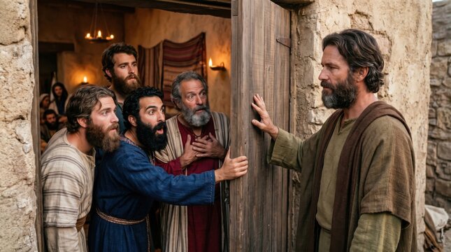Apostle Peter arrives at the house of Mary where followers of Jesus are gathered in surprise. Biblical scene depicting the miraculous release of Peter from prison found in Acts 12.
