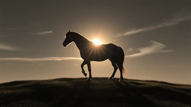 Majestic horse silhouette at sunset on a tranquil hilltop, a powerful nature scene