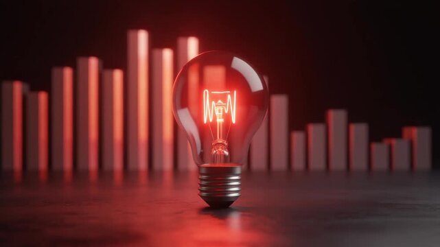Red glowing light bulb illuminating data bars, symbolizing critical insight and innovation