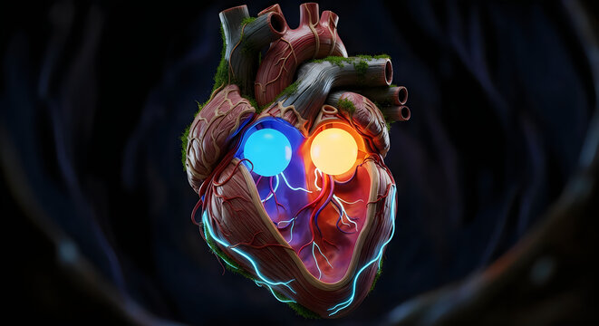 A detailed visualization of the human heart with highlighted chambers and blood flow