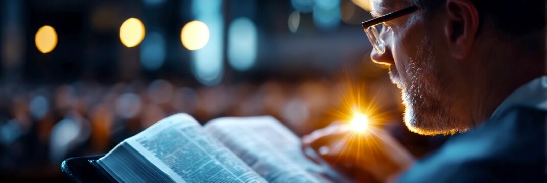 Glowing cross rising from an open Bible during a church service