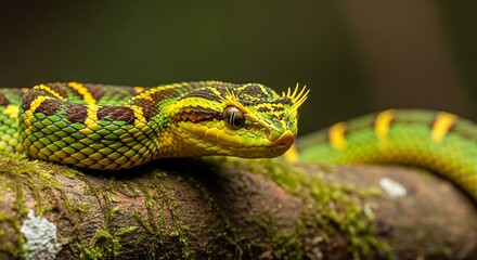 Fototapeta premium Vibrant green snake with yellow stripes resting on mossy tree branch in tropical forest