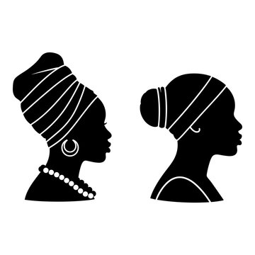 Silhouettes of women wearing traditional headwraps and jewelry Vector, illustration