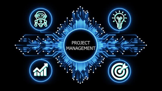project management logo on glowing circuit board network, connected business icons for finance, analytics, partnership, growth and innovation on black background