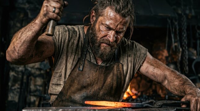 A powerful bearded blacksmith with dirt on his face wearing a leather apron striking red hot glowing metal on an anvil with a hammer in a dark forge