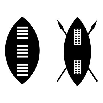 Traditional african spear and shield designs illustrated in black and white Vector, illustration