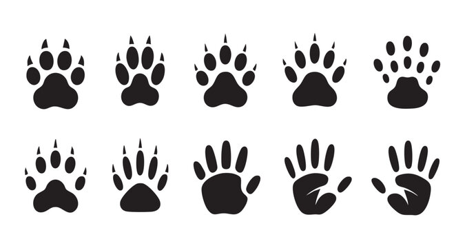Paw print vector icon set bear, cat, dog pawprint and hand print isolated on white background
